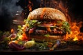 Delicious juicy big burger with meat, cheese and vegetables, hamburger with smoke and flames, AI Generated Royalty Free Stock Photo