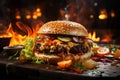 Delicious juicy big burger with meat, cheese and vegetables, hamburger with smoke and flames, AI Generated Royalty Free Stock Photo