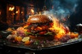 Delicious juicy big burger with meat, cheese and vegetables, hamburger with smoke and flames, AI Generated Royalty Free Stock Photo