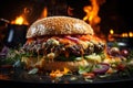 Delicious juicy big burger with meat, cheese and vegetables, hamburger with smoke and flames, AI Generated Royalty Free Stock Photo