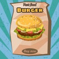 Delicious juicy burger with ingredients, in a package, packing, vector, illustration, isolated