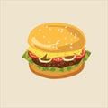 Delicious juicy burger with ingredients a set of salad, tomatoes, cheese, onions, cutlets, sauce, vector, illustration