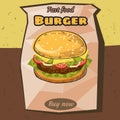 Delicious juicy burger with ingredients a set of salad, tomatoes, cheese, onions, cutlets, sauce, vector, illustration