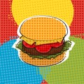 Delicious juicy burger with ingredients a set of salad, tomatoes, cheese, onions, cutlets, sauce, vector, illustration