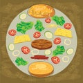 Delicious juicy burger with ingredients a set of salad, tomatoes, cheese, onions, cutlets, sauce, vector, illustration