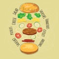 Delicious juicy burger with ingredients a set of salad, tomatoes, cheese, onions, cutlets, sauce, vector, illustration