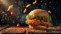 delicious juicy chicken burger on a dark background Royalty Free Stock Photo