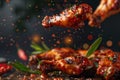 Fried juicy chicken wings, delicious juicy chicken wings with spices and sauce close-up Royalty Free Stock Photo