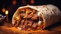 Delicious juicy grilled shawarma, kebab meat and sauce, shawarma cut in half