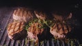 Delicious juicy meat steak cooking on grill. Prime beef fry on electric roaster, rosemary, black pepper, salt. Slow Royalty Free Stock Photo