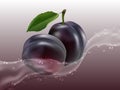 Delicious juicy plum in spray of juice.