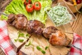 Delicious juicy skewered meat or shish kebabs on skewers of pork tenderloin Royalty Free Stock Photo