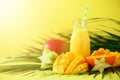 Delicious juicy smoothie with orange fruit and mango on yellow background. Copy space. Pop art design, creative summer Royalty Free Stock Photo