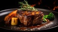 Delicious and Juicy Steak with Roasted Vegetables Served on a Elegant Black Plate