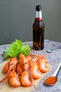 Delicious king prawns appetizer with beer