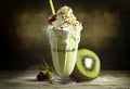 Delicious kiwi milkshake stands in a cozy cafe on the table. AI Generated Royalty Free Stock Photo