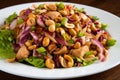 delicious Kung Pao chicken salad with fresh romaine lettuce, sliced red onions, and toasted cashews