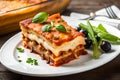 Delicious Lasagna served in white dish - AI Generated