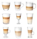 Delicious latte macchiato in different glasses on white background, set Royalty Free Stock Photo