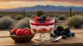 Berry Parfait with Granola and Yogurt, Healthy Desert on a Rustic Wood Table with Sunset Mountain Ba Royalty Free Stock Photo