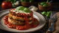 Delicious Eggplant Parmesan Stack with Tomato Sauce and Fresh Basil Leaves Royalty Free Stock Photo