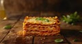 Delicious layered lasagna on a rustic wooden table