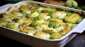 Delicious Layered Vegetable Gratin with Golden Crust on a White Plate.