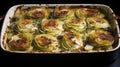 Delicious Layered Vegetable Gratin with Golden Crust on a White Plate.