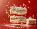 Delicious Layered Wafers with Cream Filling Floating with Crumbled Pieces on a Red Background