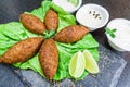 Delicious Lebanese food, kibbeh kibe on black slate stone and granite background