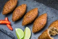 Delicious Lebanese food, kibbeh kibe on black slate stone and granite background