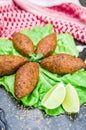 Delicious Lebanese food, kibbeh kibe with sauces and lemon on black slate stone and granite background with traditional keffyeh