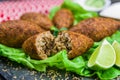 Delicious Lebanese food, kibbeh kibe with sauces and lemon on black slate stone and granite background with traditional keffyeh