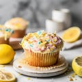 Delicious Lemon Cupcake with Creamy Zesty Frosting on White Background .
