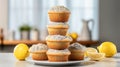 Delicious lemon poppy seed muffins on blurred kitchen background with ample text space Royalty Free Stock Photo