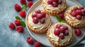 Delicious lemon and raspberry tartlets with meringue on a white vintage plate. Royalty Free Stock Photo