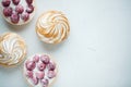 Delicious lemon and raspberry tartlets with meringue on a white vintage plate. Sweet treat on a light blue background. Flat lay an Royalty Free Stock Photo