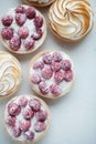 Delicious lemon and raspberry tartlets with meringue on a white vintage plate. Sweet treat on a light blue background. Flat lay an Royalty Free Stock Photo