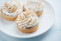 Delicious lemon tartlets with meringue on a white vintage plate. Sweet treat on a light blue background Royalty Free Stock Photo