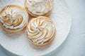 Delicious lemon tartlets with meringue on a white vintage plate. Sweet treat on a light blue background. Flat lay. Top view. Royalty Free Stock Photo