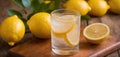 Delicious lemonade in a glass. Citrus fresh lemonade in glass on a table with lemons and mint