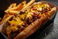 Delicious loaded hot dogs with fries on a wooden table