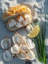 Delicious lobster roll on the beach with shells and lemon slice Royalty Free Stock Photo