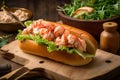 Delicious Lobster Roll with Buttery Texture and Tangy Flavors, Served on a Rustic Wooden Platter