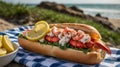 Lobster Roll Served on Blue Plaid Picnic Blanket near the Beach Royalty Free Stock Photo