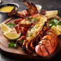 Delicious lobster tail with lemon and herbs on a wooden board.