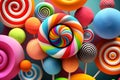 Delicious lollipops on light blue background. Lollipop background, banner for design, illustrations. Plenty of multicolored