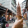 The delicious long Ice-cream cone (mixed strawberry and chocolate flavor) at food street market