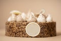 delicious-looking dessert of a round cake on a brown plate, topped with a generous helping of fluffy white whipped cream