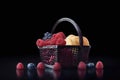 Delicious-looking pastries with juicy blueberries and raspberries, set against dark background